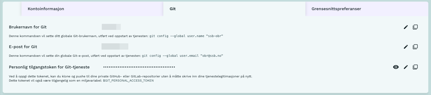 Viser fanen for Git-informasjon under menyen Min konto