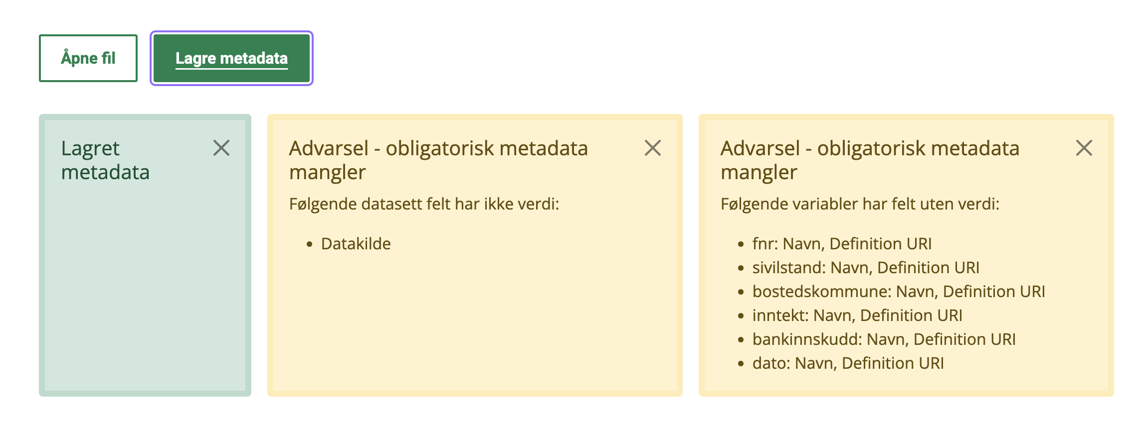 Skjermbilde av tilbakemeldinger ved lagring av metadata på Datadoc