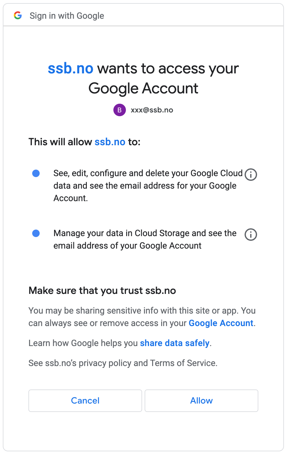 Spørsmål om å godta at SSB-profilen din blir brukt av Google