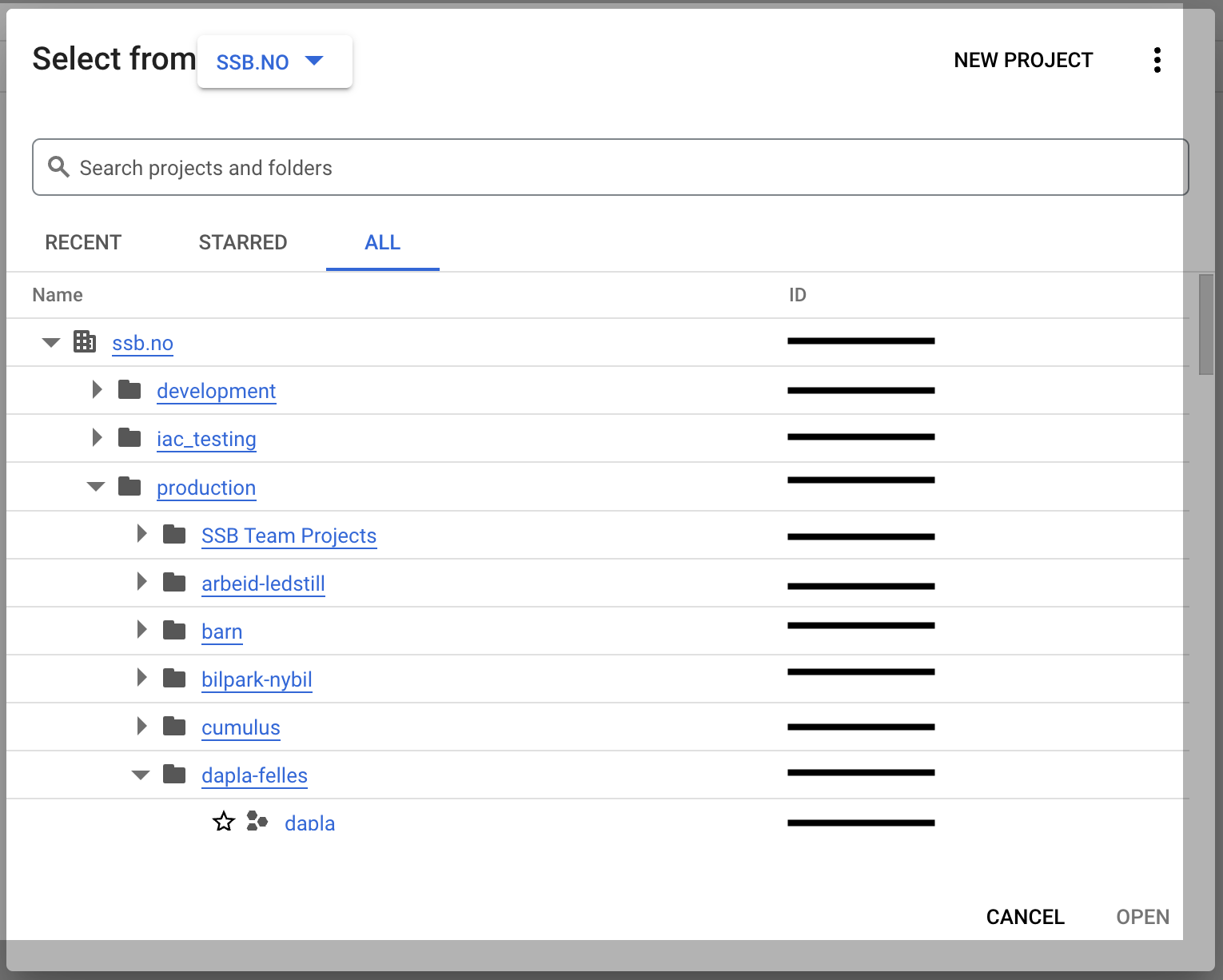 Bilde som viser prosjektvelgeren i Google Cloud Console