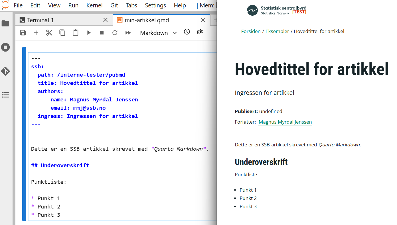 Bilde som viser en Quarto Markdown-fil i Jupyterlab og den tilhørende SSB-artikkelen